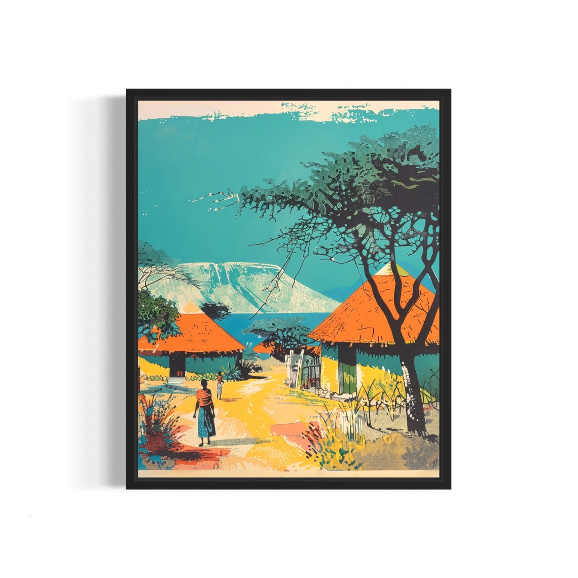 African Village Thatched Huts Acacia Tree Vintage Retro Art Poster