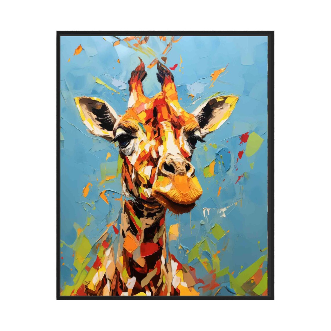 Friendly Giraffe Portrait Bright Blue Sky Impasto Wildlife Wall Art
