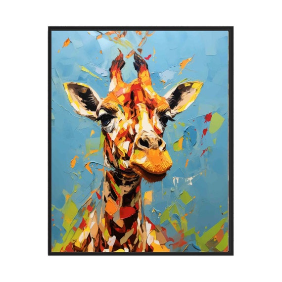 Friendly Giraffe Portrait Bright Blue Sky Impasto Wildlife Wall Art
