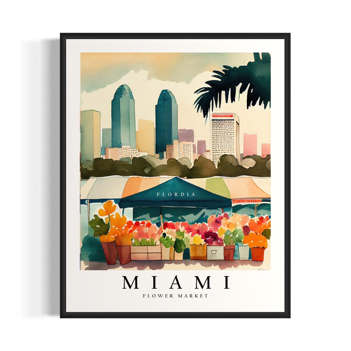Miami Flower Market Stall Skyline Watercolor Travel Art Poster