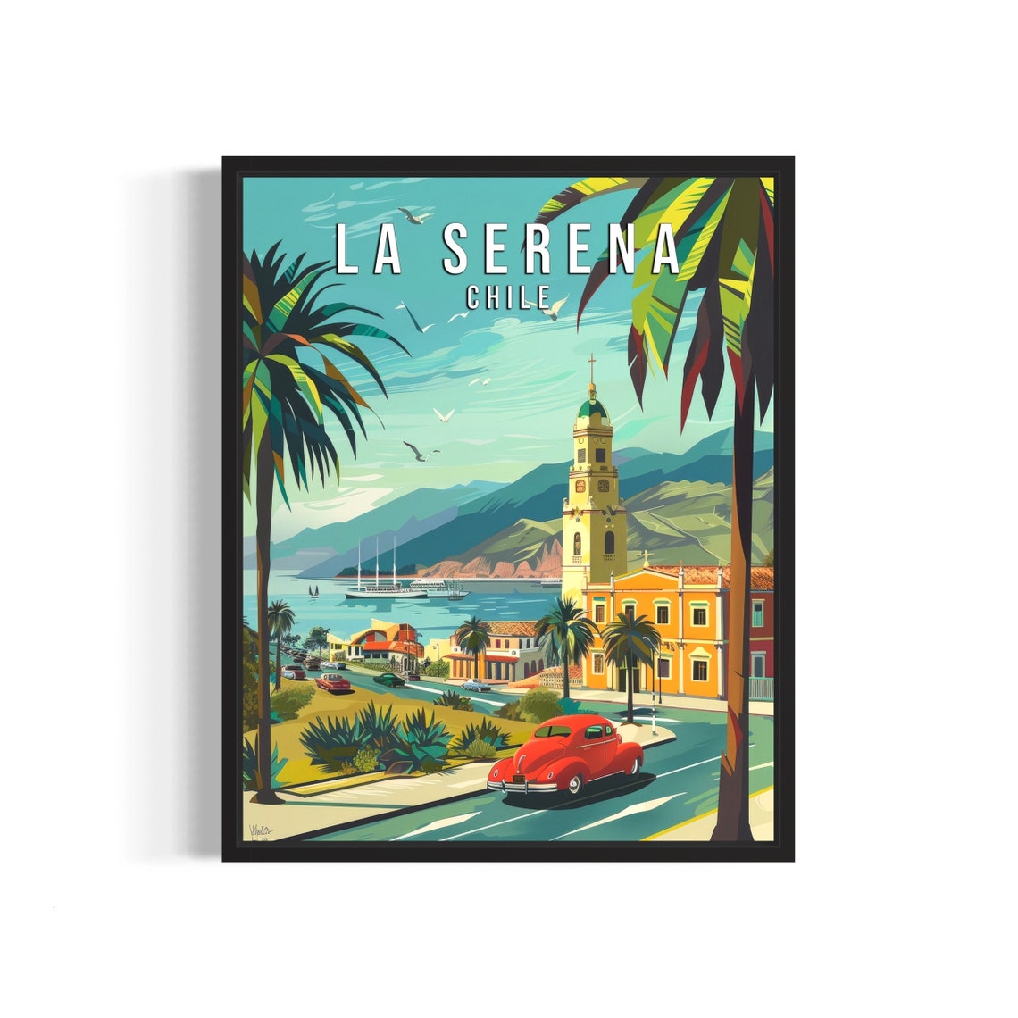 La Serena Chile Coastal City With Church Tower And Palm Trees Poster