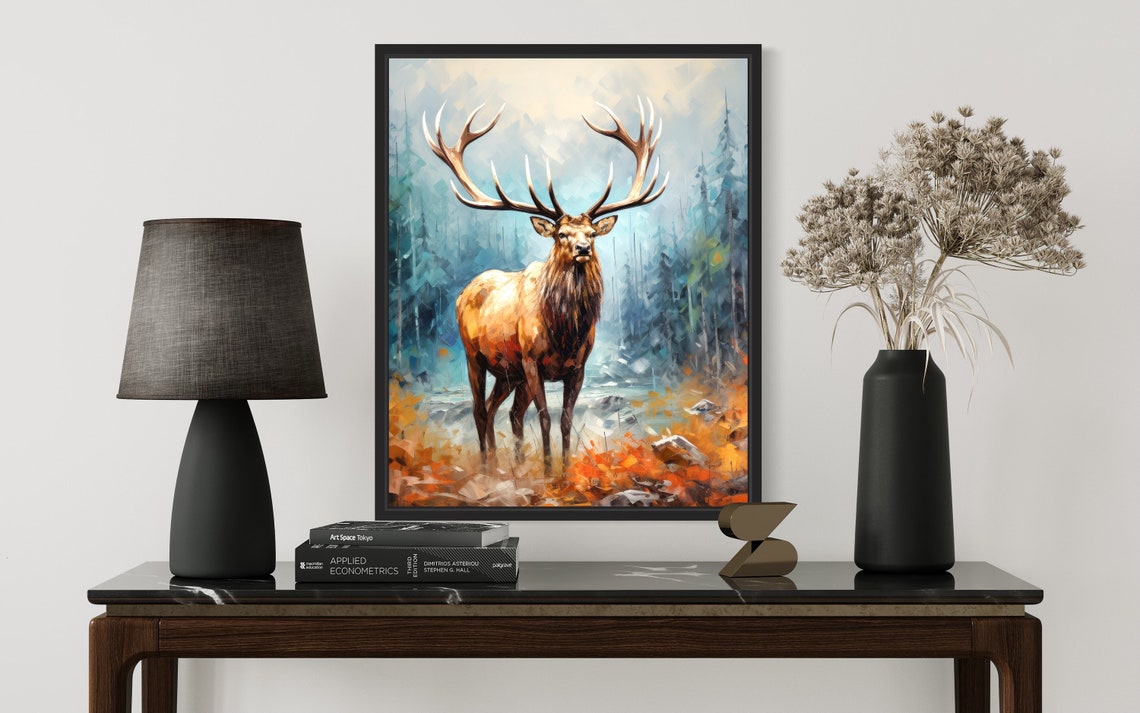 Majestic Elk Bull Misty Pine Forest Autumn Morning Painting Poster - Image 2