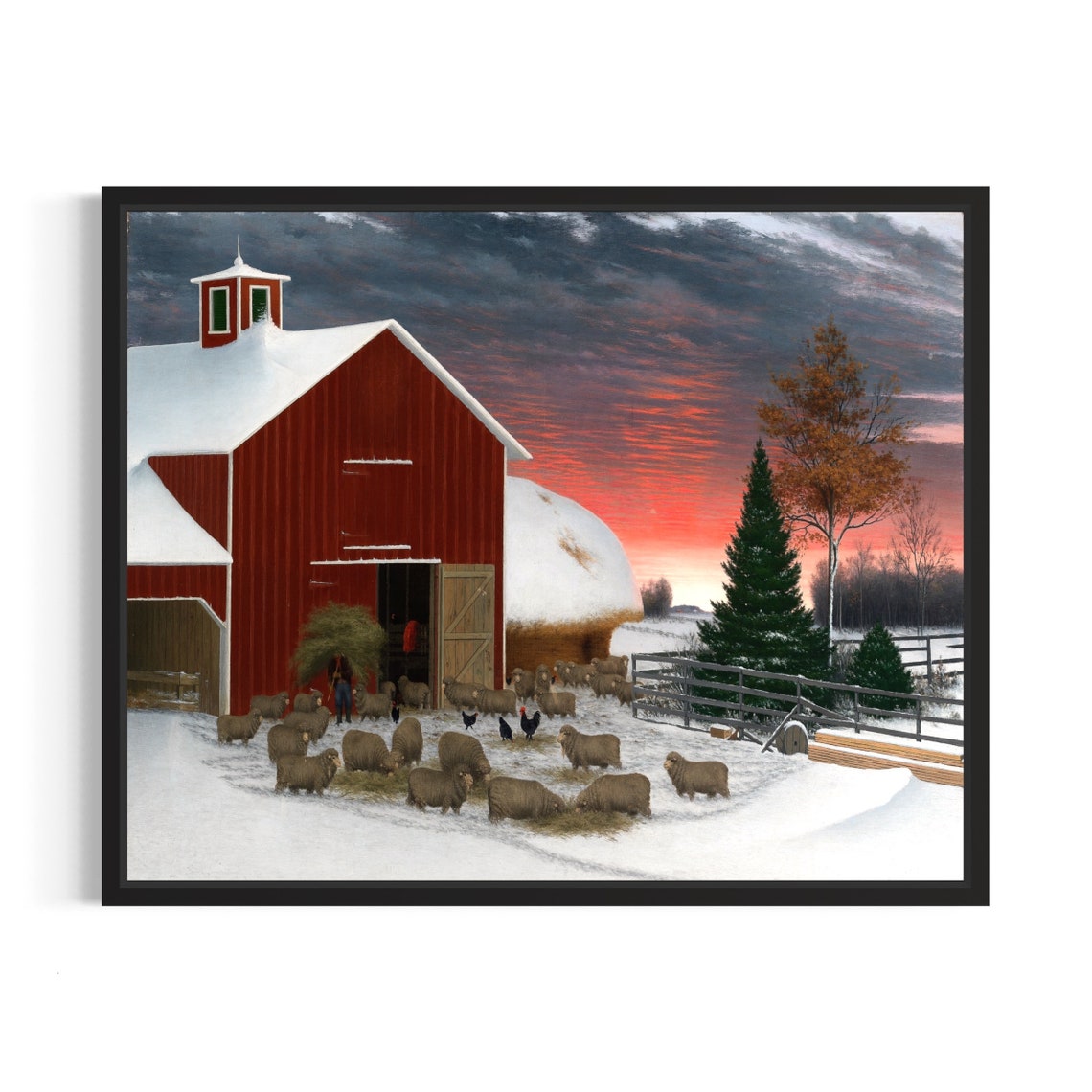 Red Barn at Sunset with Sheep Flock Winter Farm Scene Poster