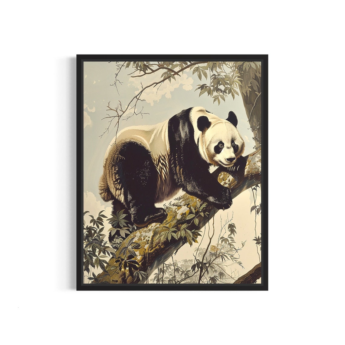 Vintage Giant Panda Climbing Mossy Tree Branch Wildlife Art Poster