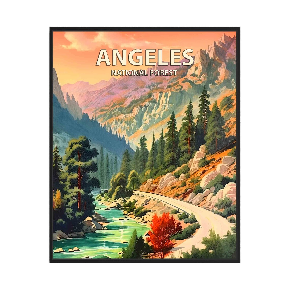 Angeles National Forest Canyon Road Retro California Travel Poster