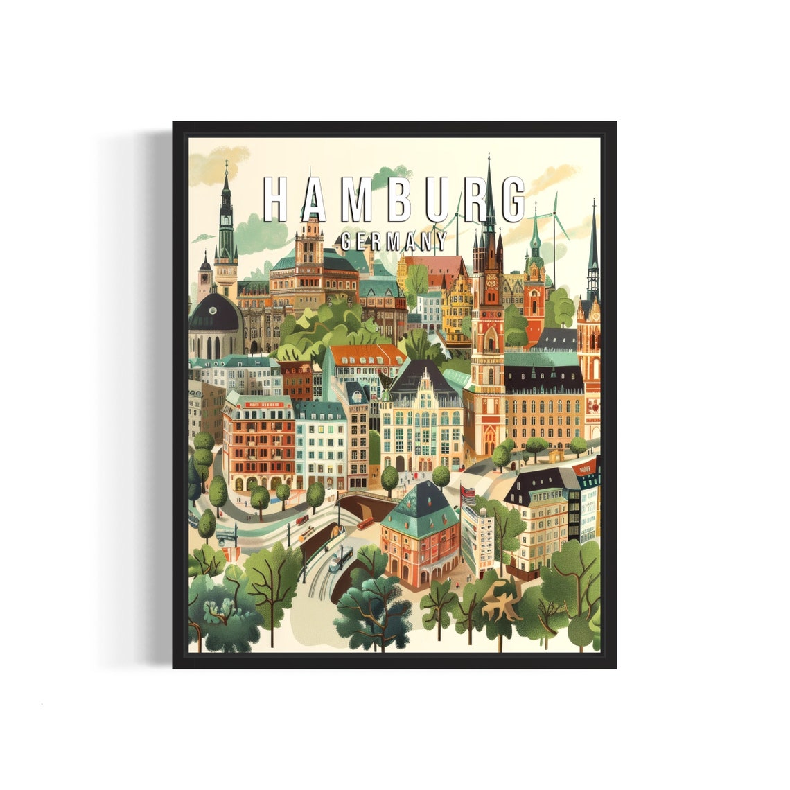 Hamburg Germany Historic Cityscape Churches Illustrated Poster