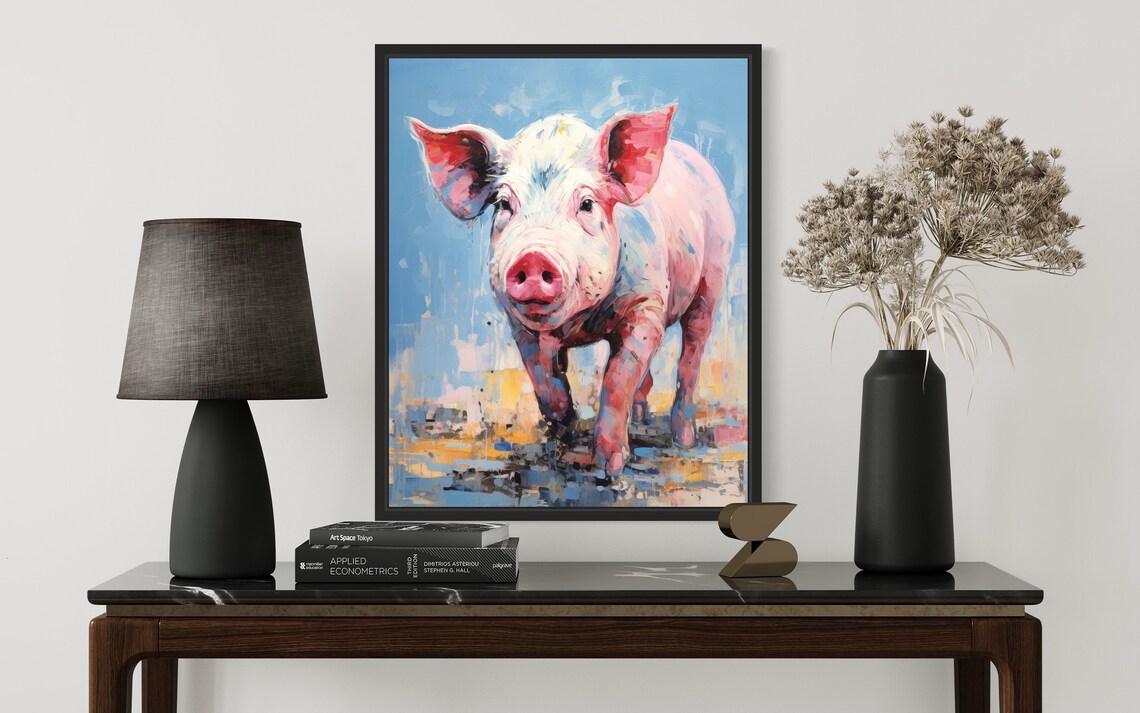 Curious Pink Piglet Trotting Forward Abstract Animal Painting Poster - Image 2