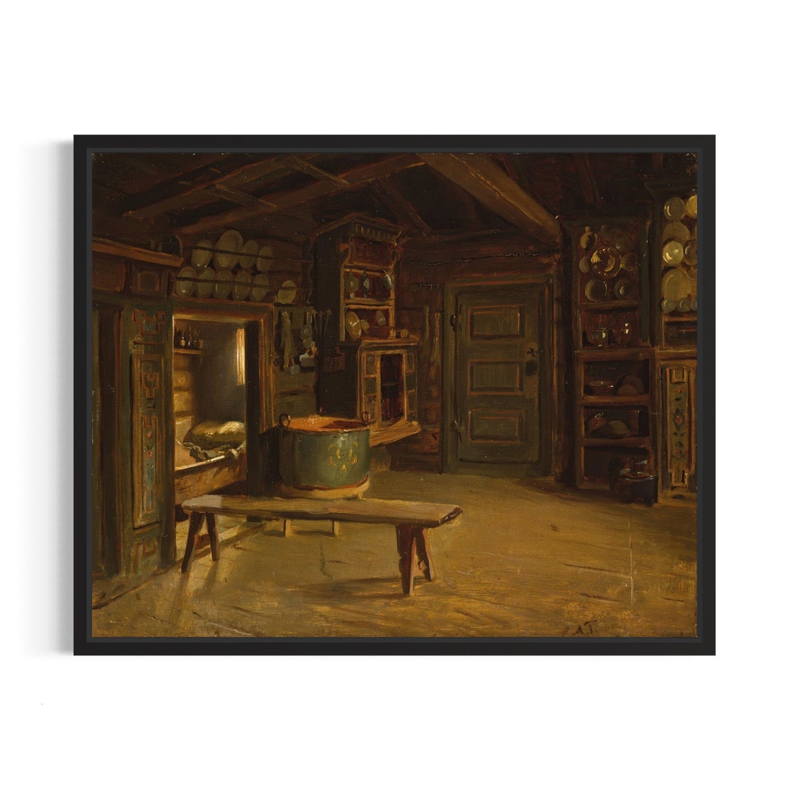 Rustic Farmhouse Kitchen Hearth Interior Vintage Oil Art Poster