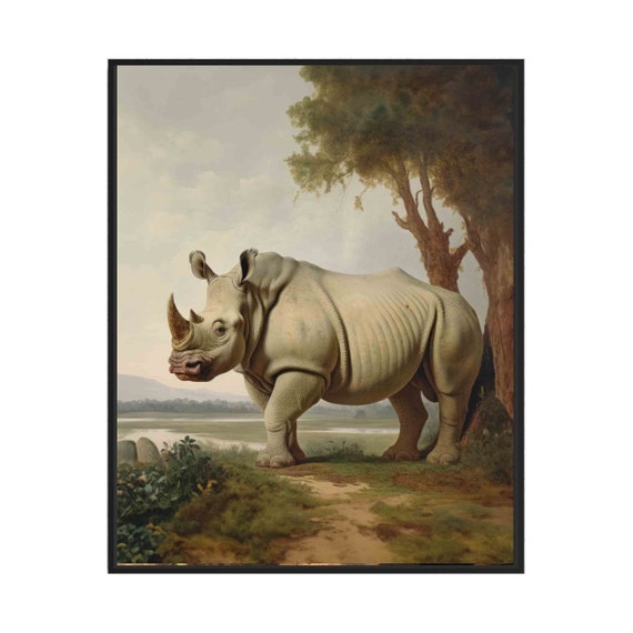 White Rhino at Riverbank Stately Vintage African Wildlife Poster