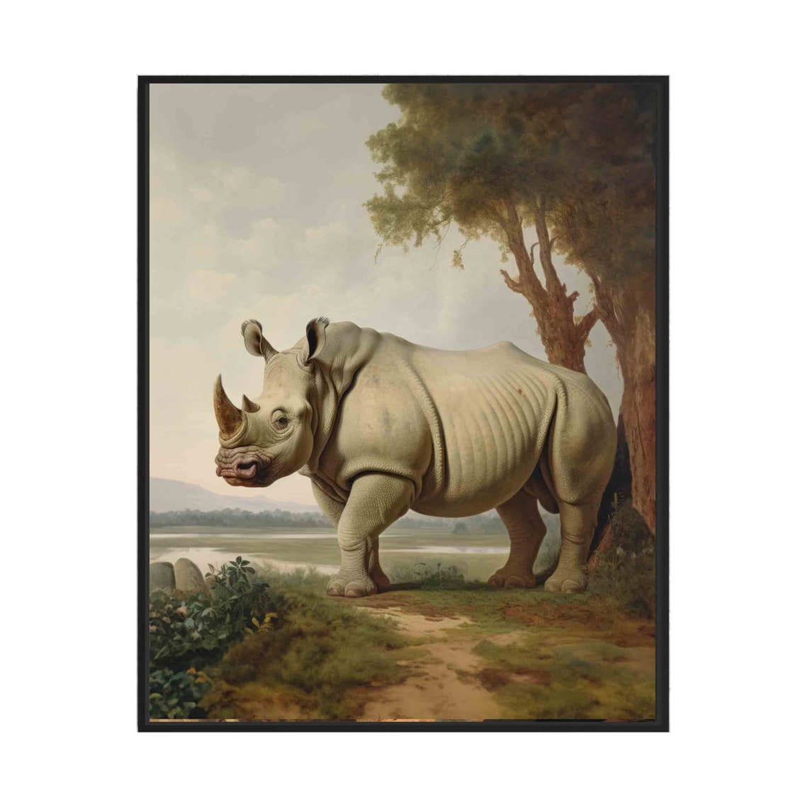 White Rhino at Riverbank Stately Vintage African Wildlife Poster
