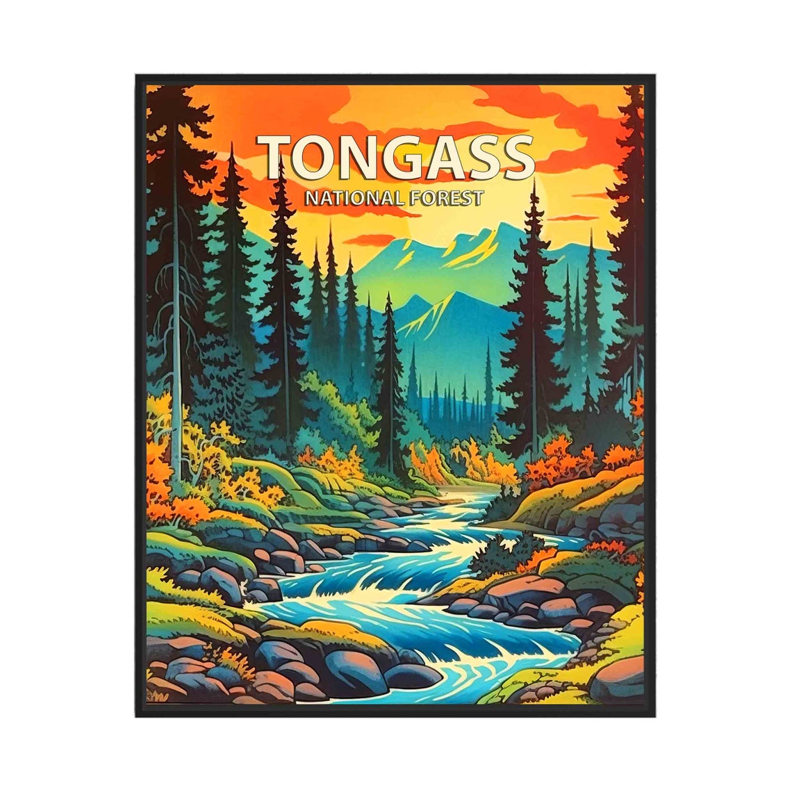 Tongass National Forest Retro Mountain River Stream Sunset Poster
