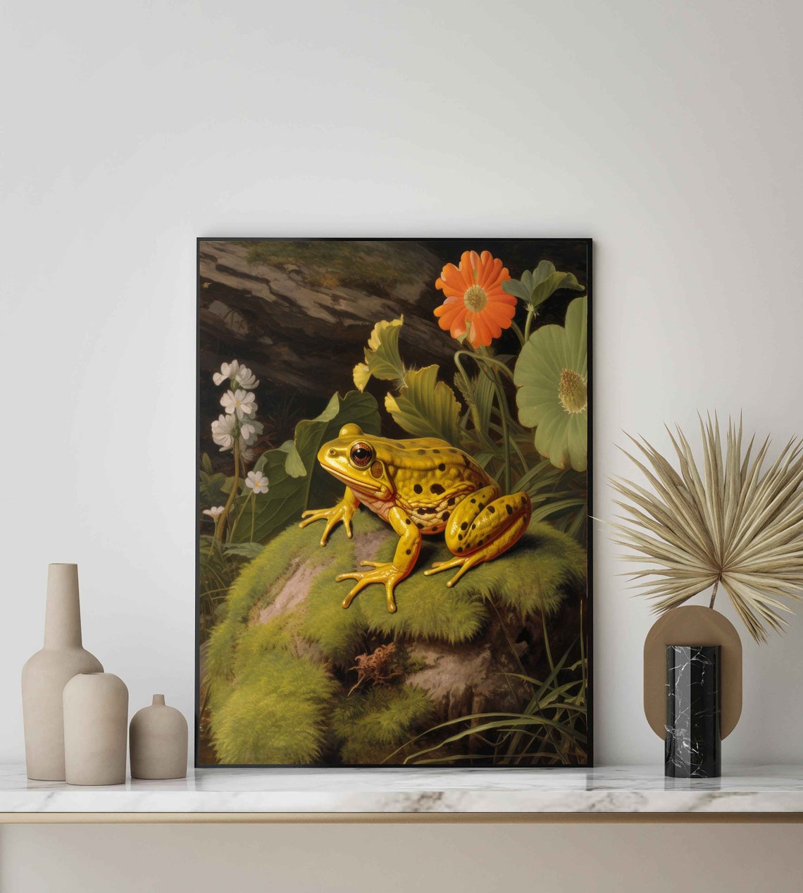Golden Frog on Mossy Rock Vivid Vintage Nature Painting Poster - Image 2