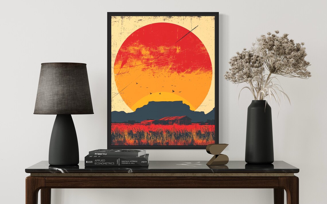 Giant Red Sun Over African Savanna Sunset Farmhouse Landscape Poster - Image 2