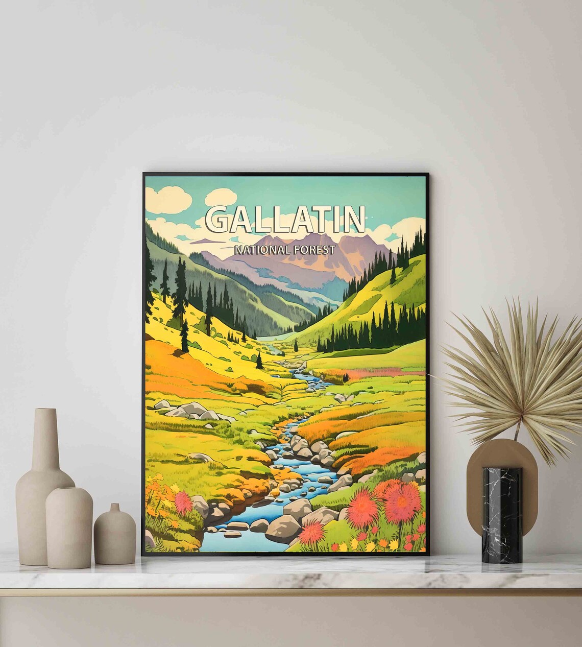 Gallatin National Forest Stream Meadow Wildflowers Retro Travel Poster - Image 3