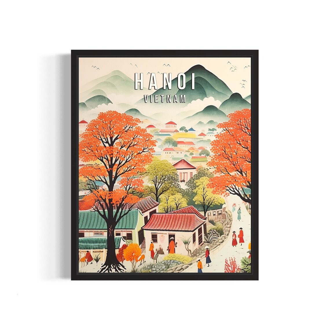 Hanoi Vietnam Autumn Trees And Old Quarter Folk Travel Poster