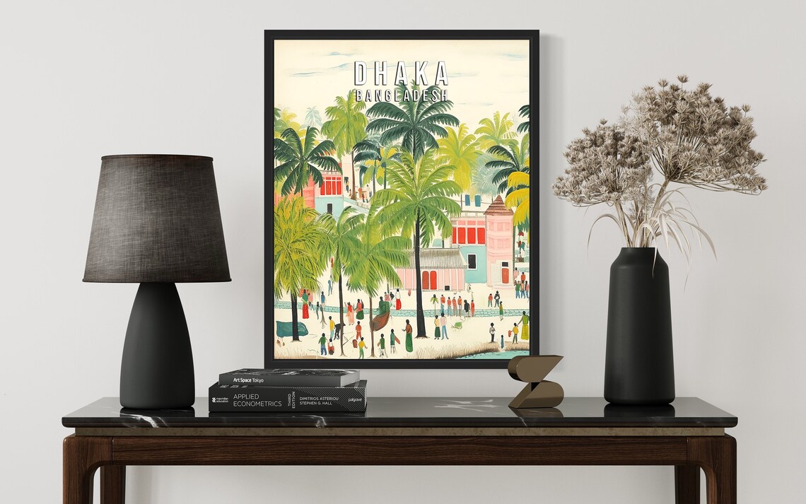 Dhaka Bangladesh Palm Trees Riverside Street Life Travel Poster - Image 3