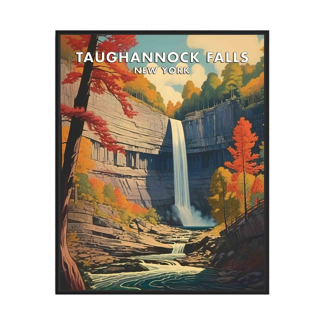 Taughannock Falls New York Autumn Waterfall Gorge Retro Poster
