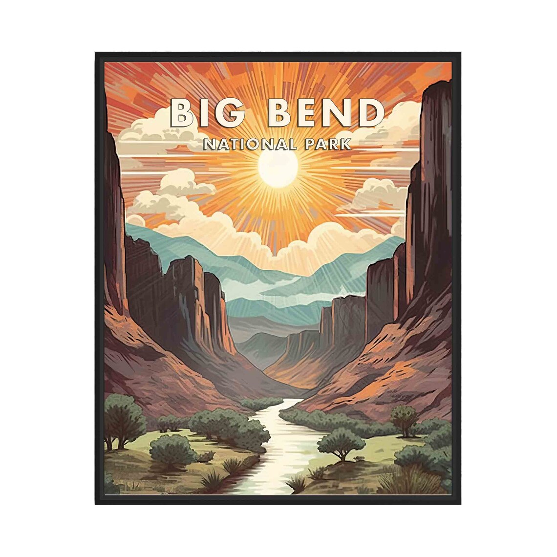 Big Bend National Park Desert Canyon Sunburst Retro Travel Poster