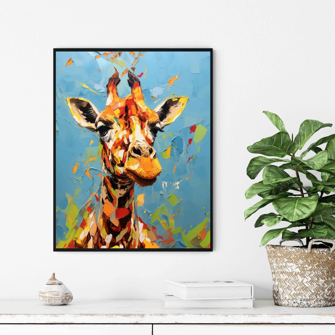Friendly Giraffe Portrait Bright Blue Sky Impasto Wildlife Wall Art - Image 2