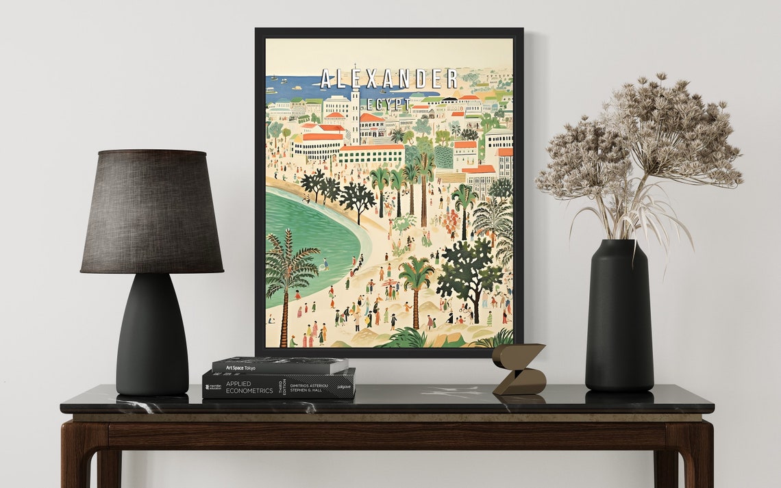 Alexandria Egypt Curved Beach Promenade Palm Trees Travel Poster - Image 3