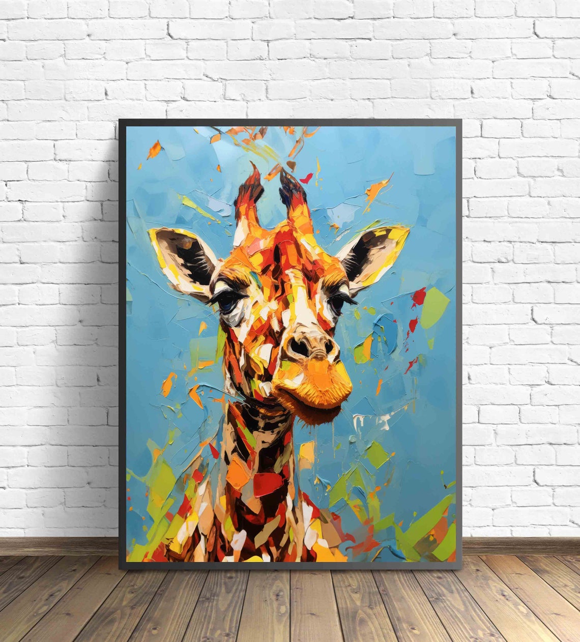 Friendly Giraffe Portrait Bright Blue Sky Impasto Wildlife Wall Art - Image 3