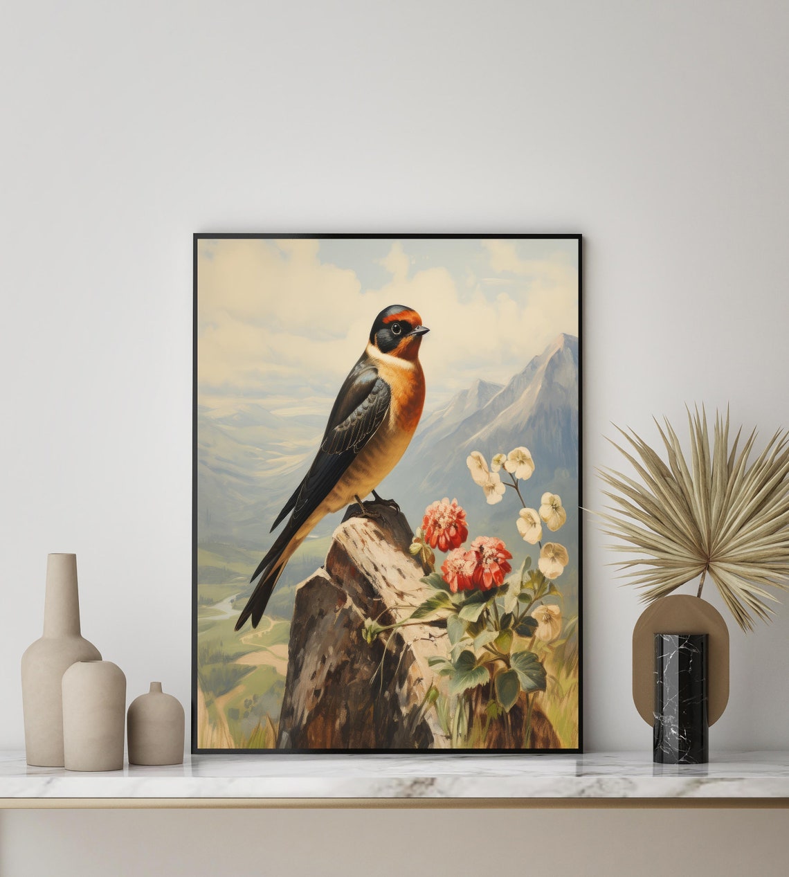 Cliff Swallow on a Rocky Perch With Mountain Wildflowers Bird Poster - Image 3