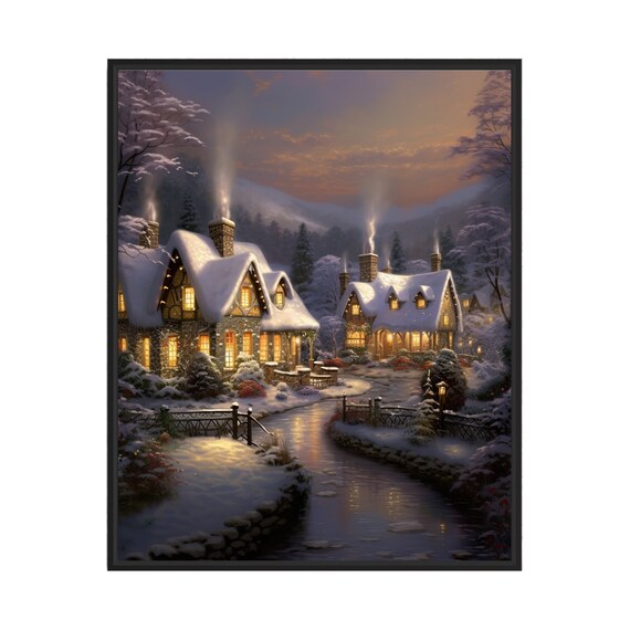 Winter Wonderland Snowy Village Cottages Glowing Christmas Night Poster