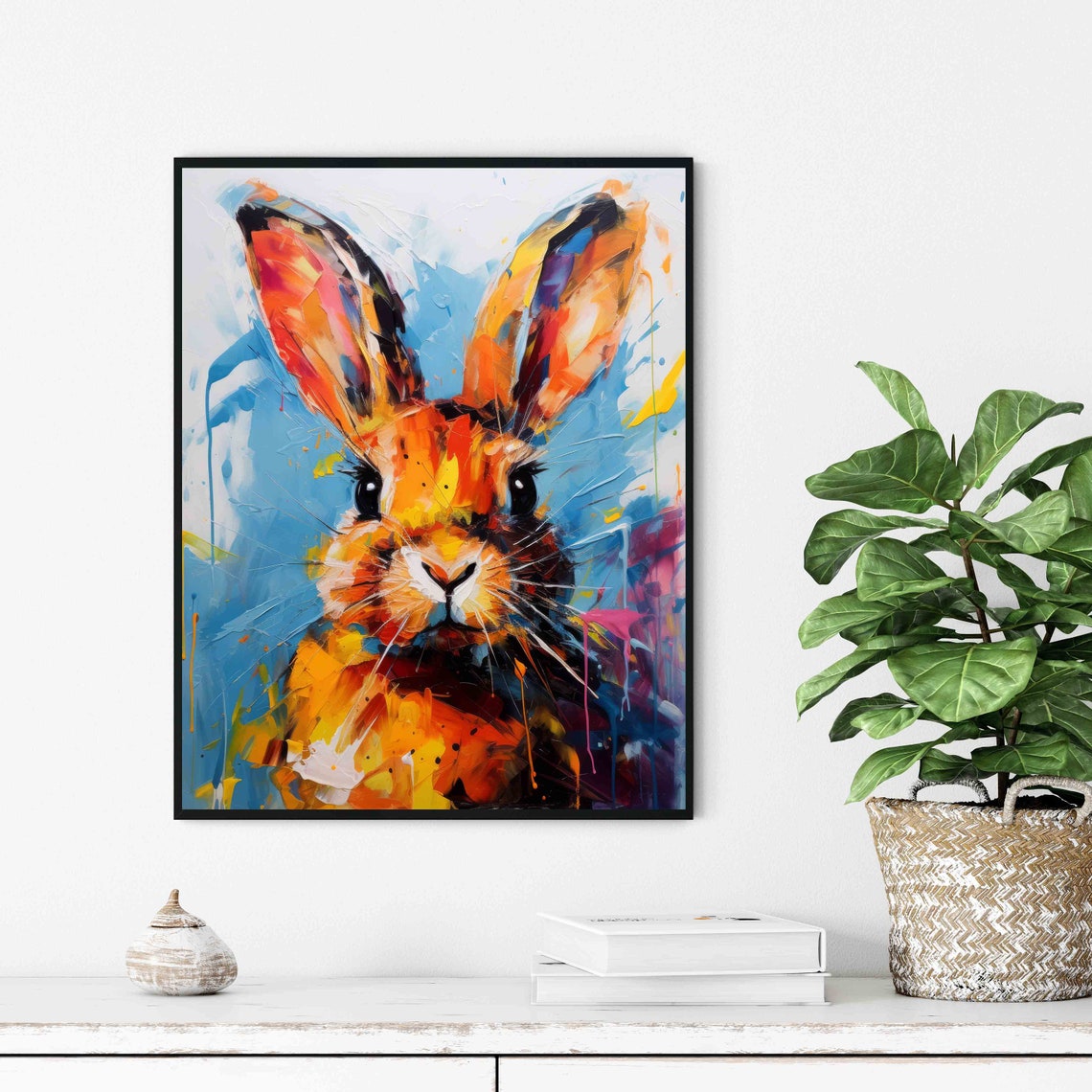 Colorful Rabbit Portrait Splash Paint Playful Wildlife Wall Art - Image 2