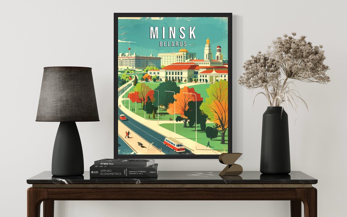 Minsk Belarus Retro Travel Poster with Red Bus Park and City Landmarks - Image 2