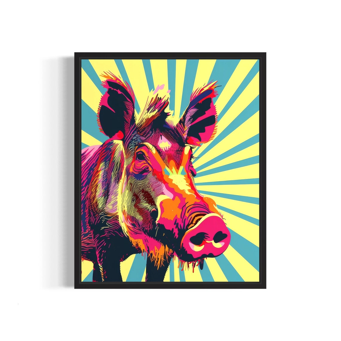 Warthog Neon Pop Art Portrait Bold Sunburst Background Poster