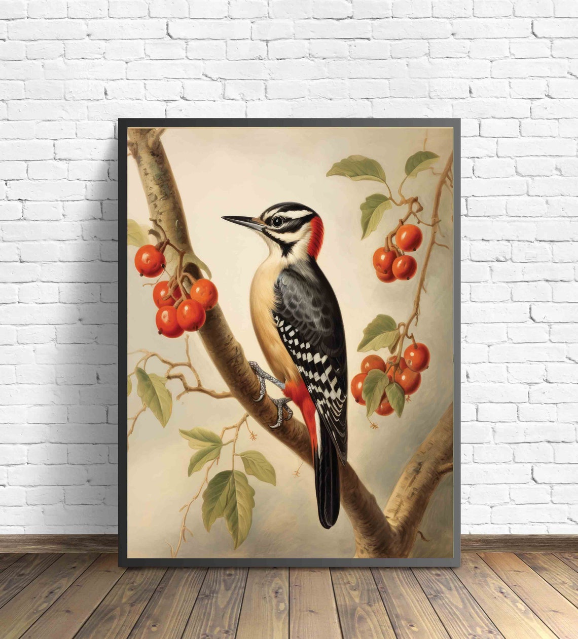 Spotted Woodpecker With Red Berries Vintage Style Bird Painting Poster