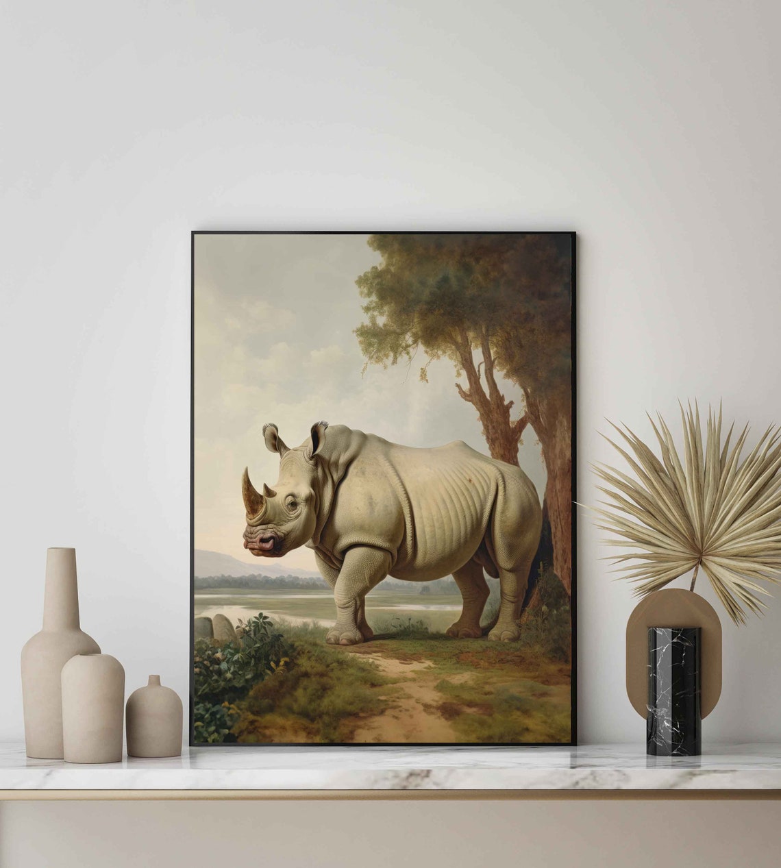 White Rhino at Riverbank Stately Vintage African Wildlife Poster - Image 2
