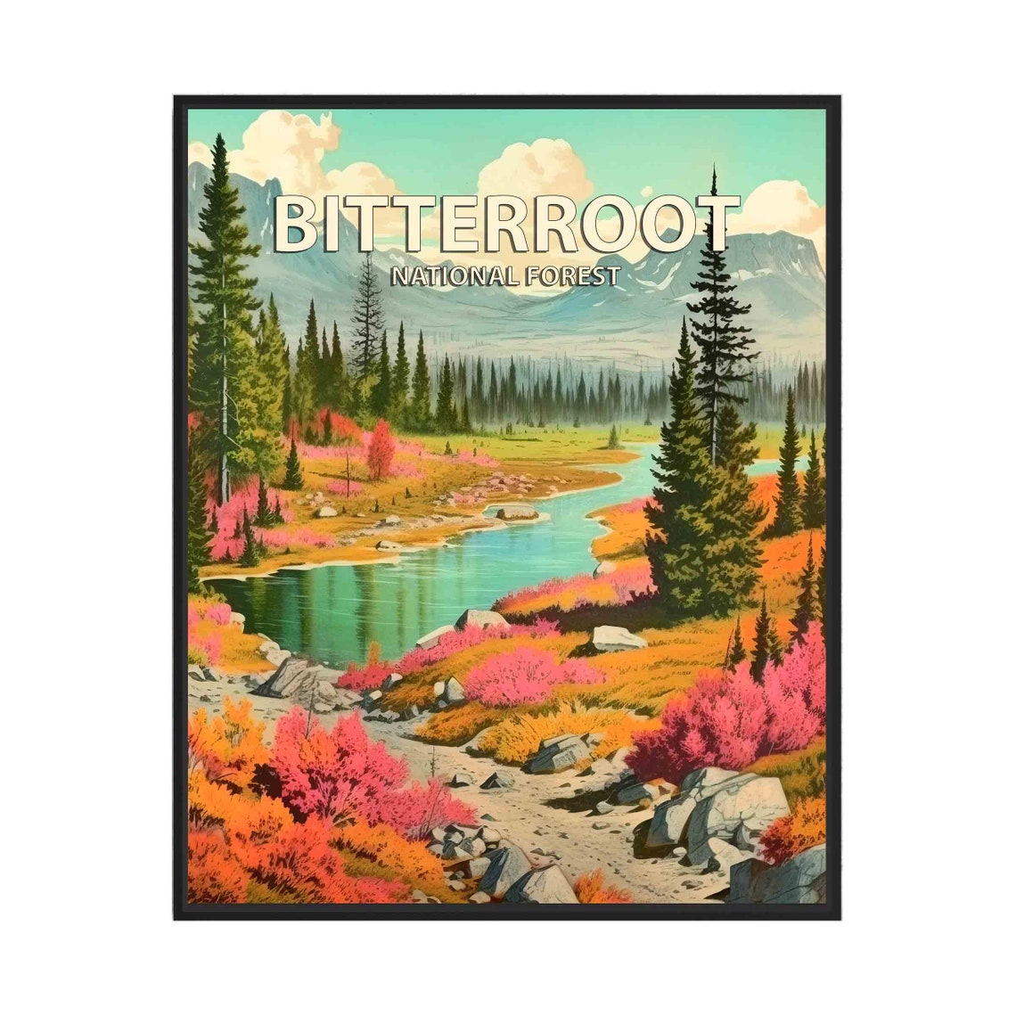 Bitterroot National Forest Retro Wilderness Lake Wildflowers Poster