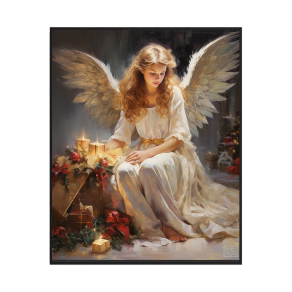 Serene Christmas Angel with Candles and Gifts Holiday Painting Poster