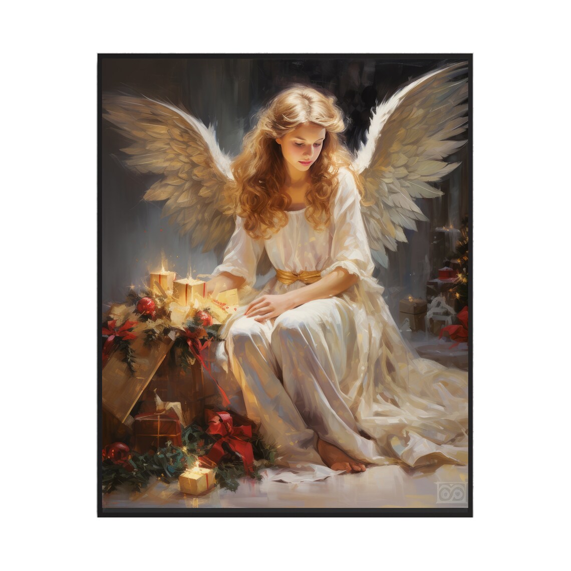 Serene Christmas Angel with Candles and Gifts Holiday Painting Poster