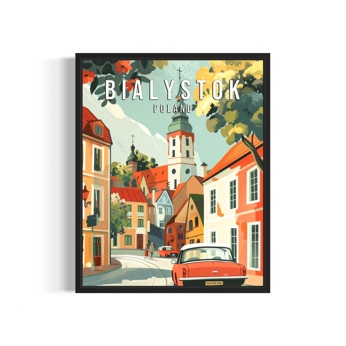 Bialystok Poland Old Town Street Church Spire Classic Car Retro Poster