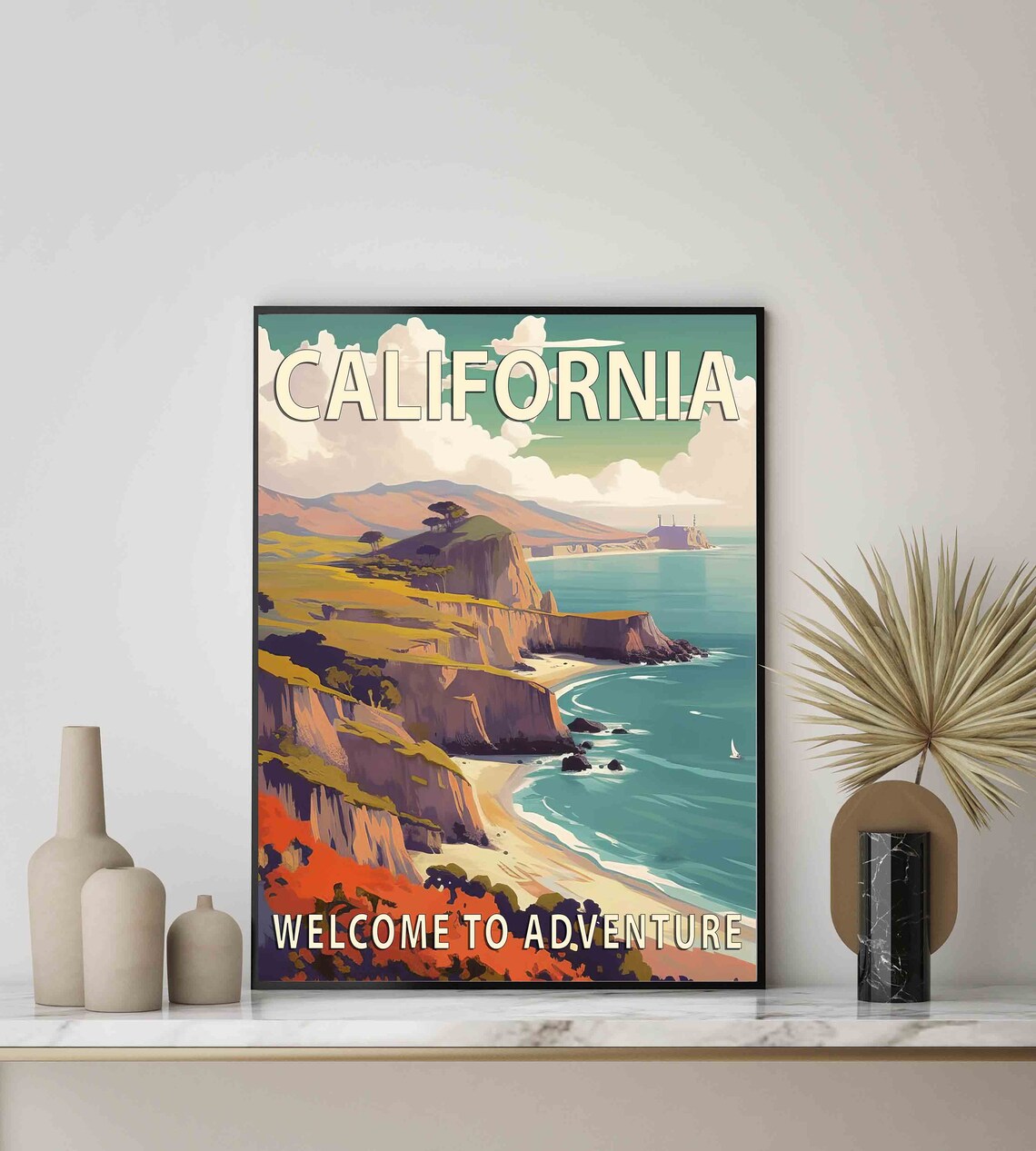 California Pacific Coastline Cliffs Ocean Sunset Travel Poster - Image 3
