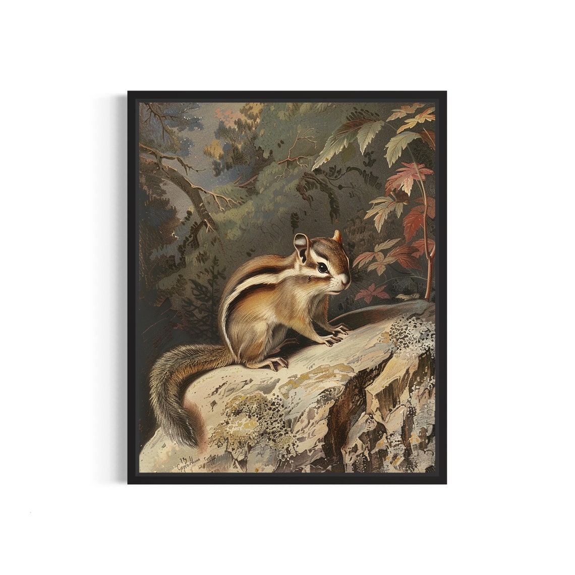 Vintage Chipmunk On Forest Rock Autumn Woodland Nature Art Poster
