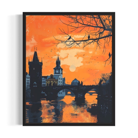 Charles Bridge Poster Art Print Vintage Retro Landmarks Painting Wall Art Decor