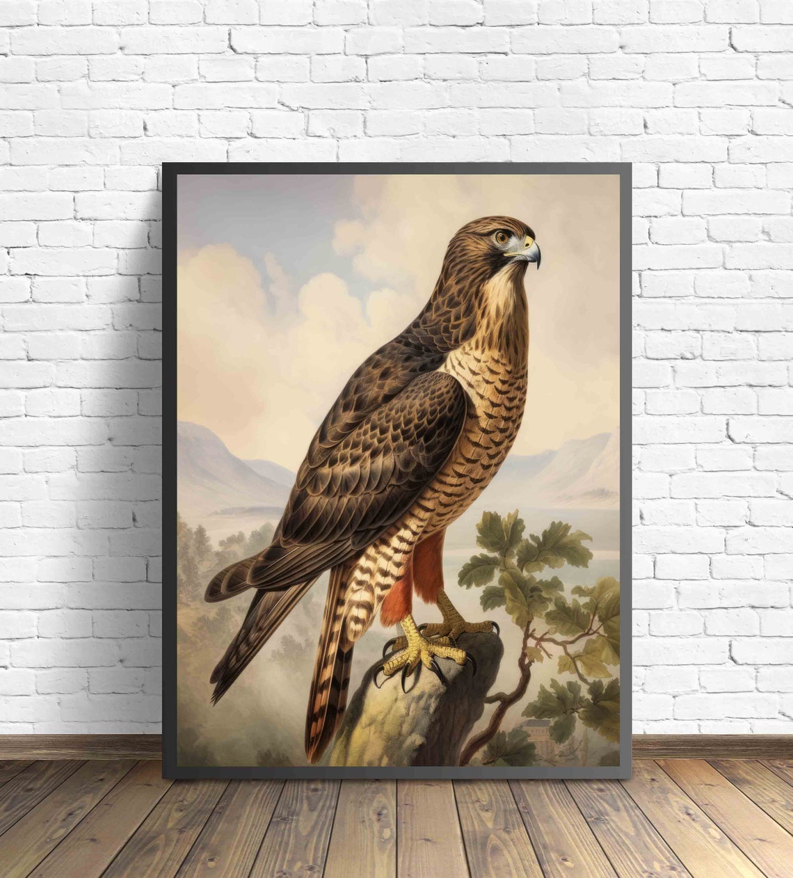Majestic Hawk on Rocky Perch Vintage Realistic Wildlife Poster