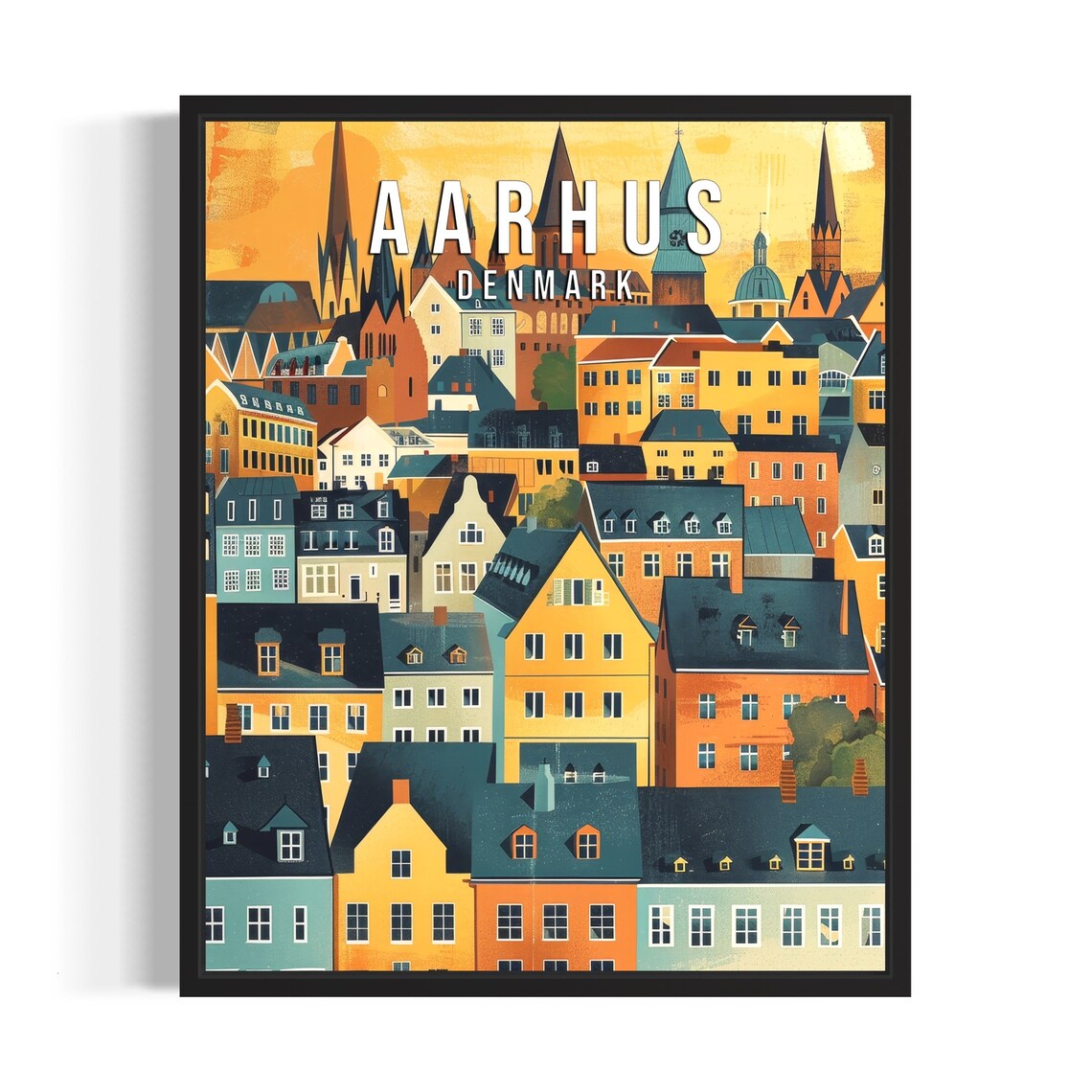 Aarhus Denmark Golden Sunset Rooftops City Spires Retro Travel Poster
