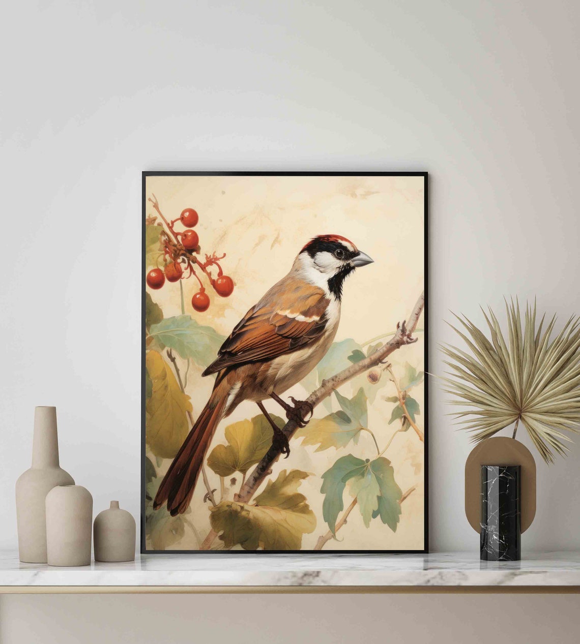 Eurasian Tree Sparrow on Autumn Branch Vintage Ornithology Art Poster - Image 2