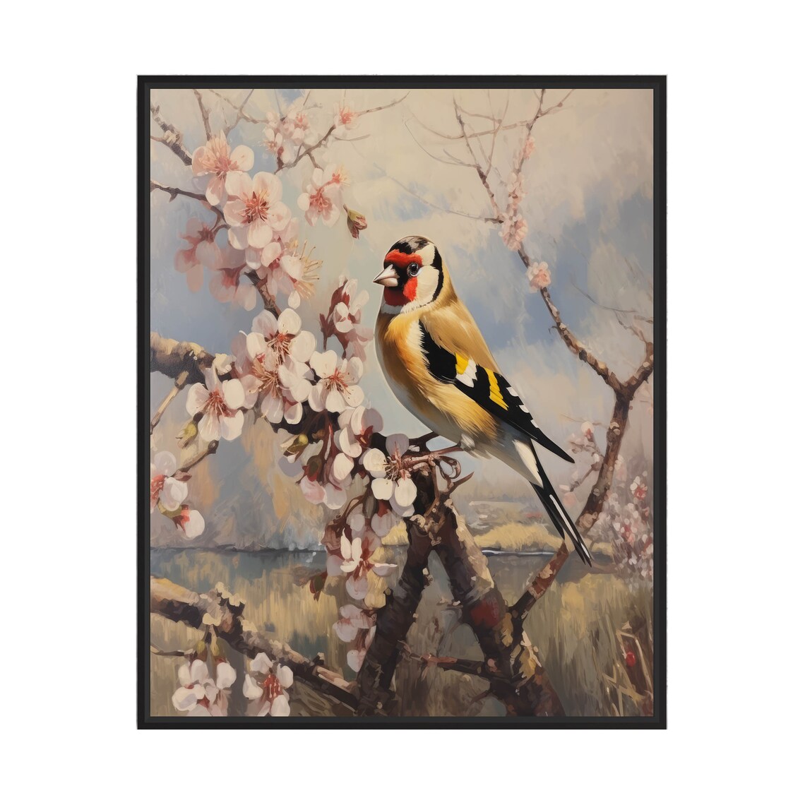 European Goldfinch on Cherry Blossom Branch Vintage Bird Art Poster