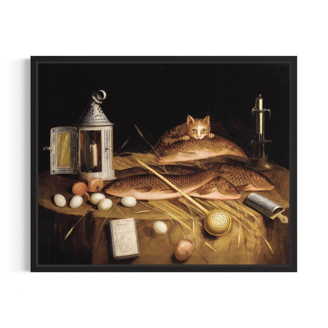 Kitchen Still Life With Cat Fish And Lantern Vintage Art Poster