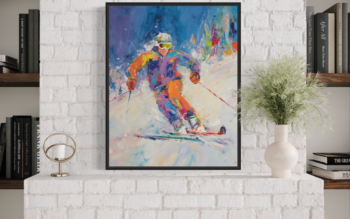Vibrant Abstract Downhill Skier Oil Painting Style Art Poster - Image 3
