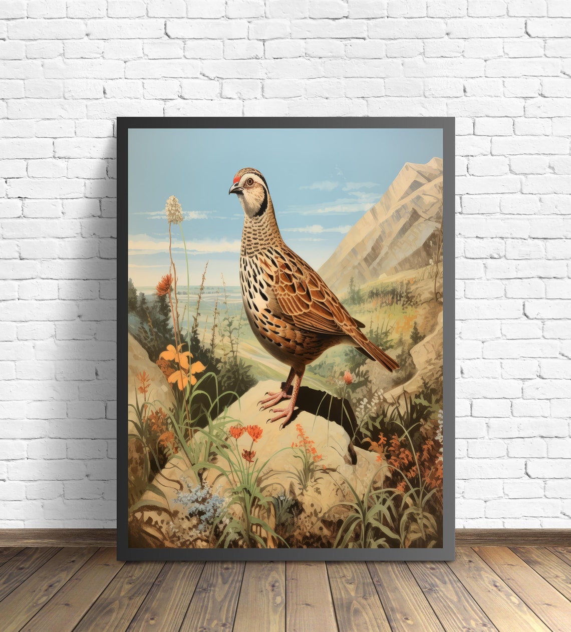 Common Quail Standing on a Rocky Ledge in a Wildflower Mountain Poster - Image 2