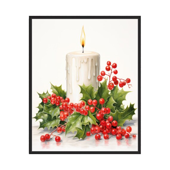 Lit Christmas Candle With Holly Berries Festive Holiday Art Poster