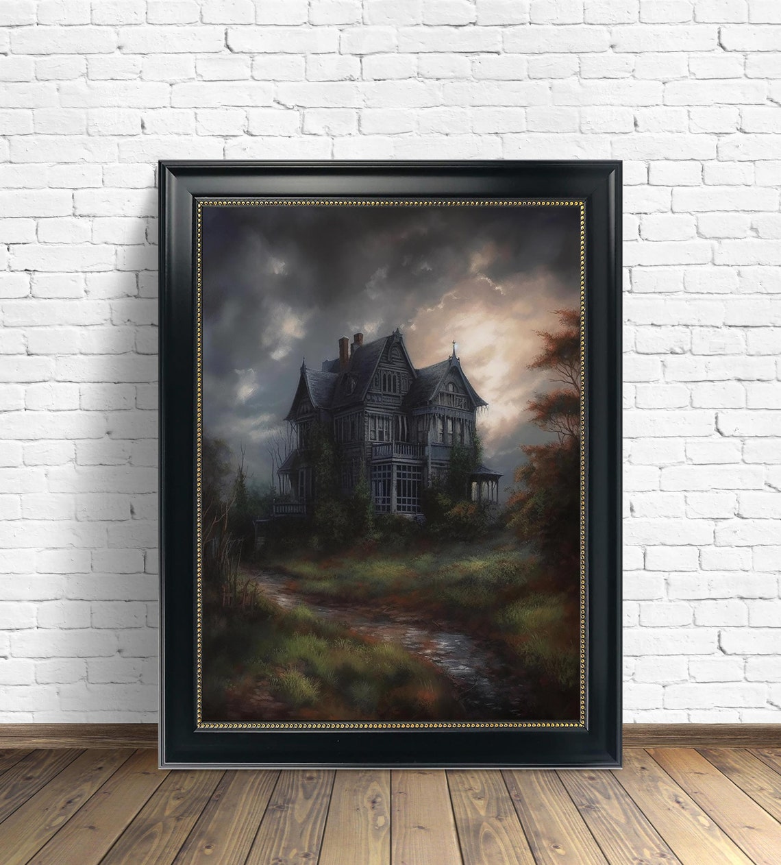 Haunted Victorian House Under Storm Clouds Moody Gothic Art Print - Image 2