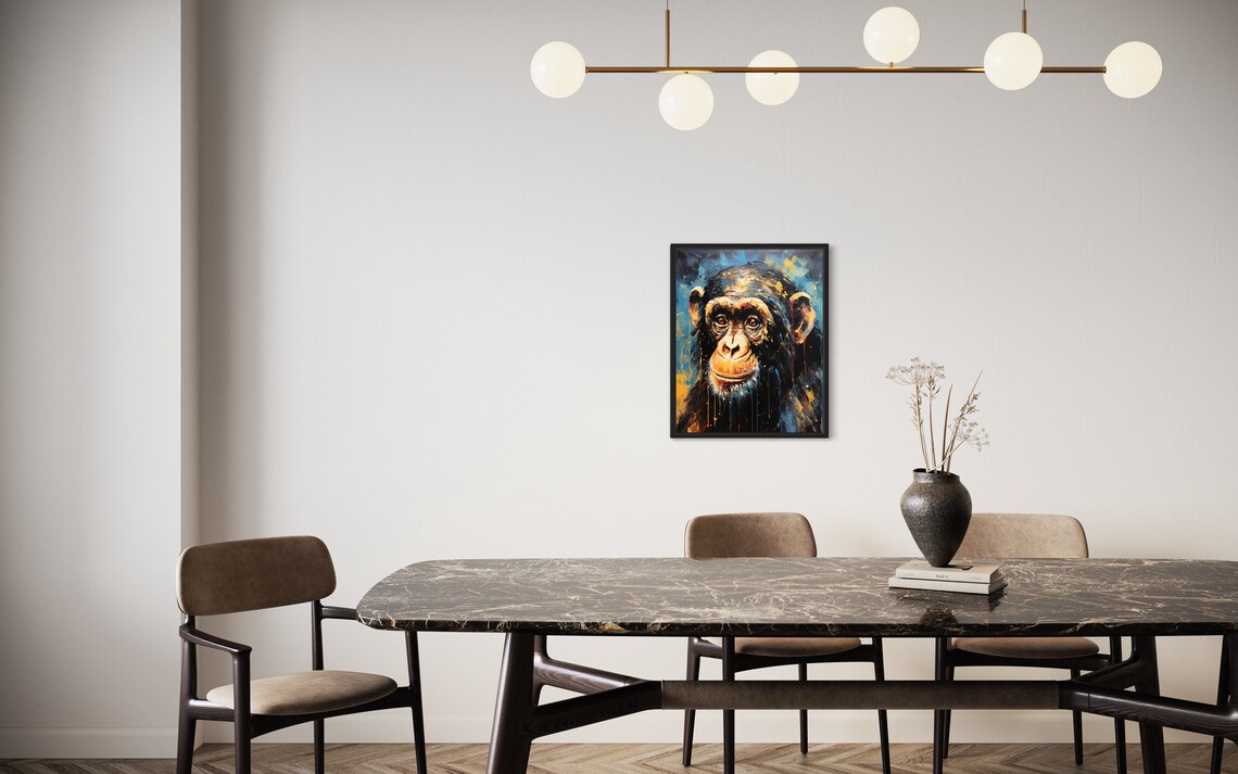 Soulful Chimpanzee Portrait Abstract Blue Gold Wildlife Poster - Image 2