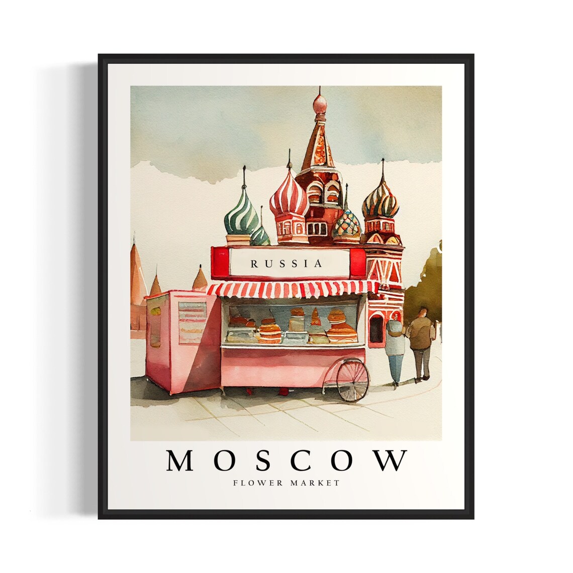 Moscow Flower Market Stall St Basils Cathedral Watercolor Poster